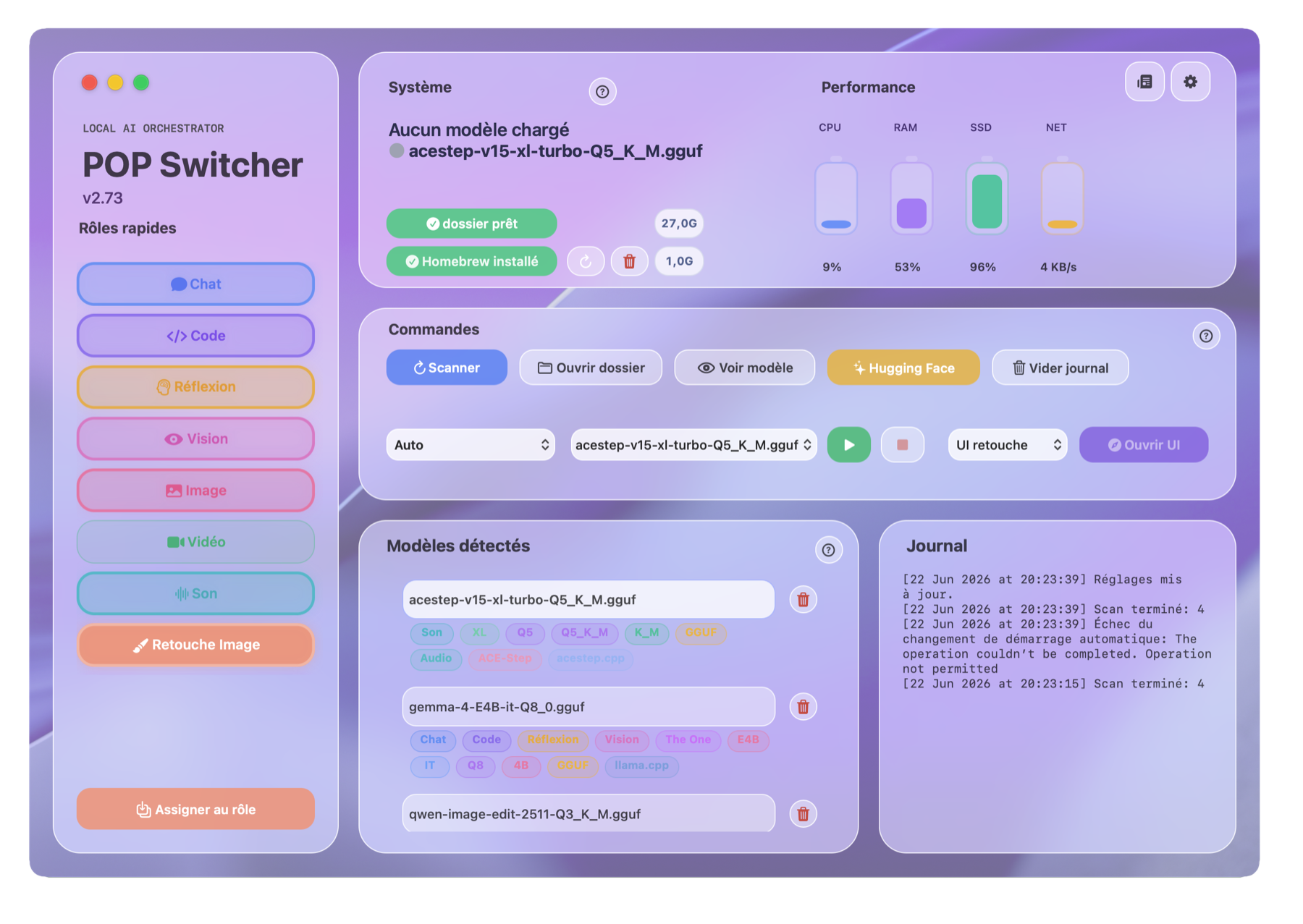 Interface principale de POP Switcher avec ses rôles IA, les modèles détectés et les contrôles système