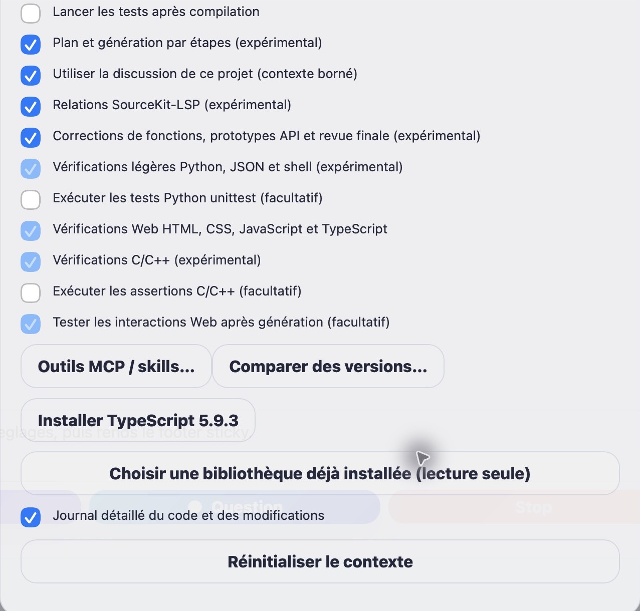 Options techniques de Code : extensions, comparaison de versions, bibliothèque locale et journal. Capture réelle POP Switcher.