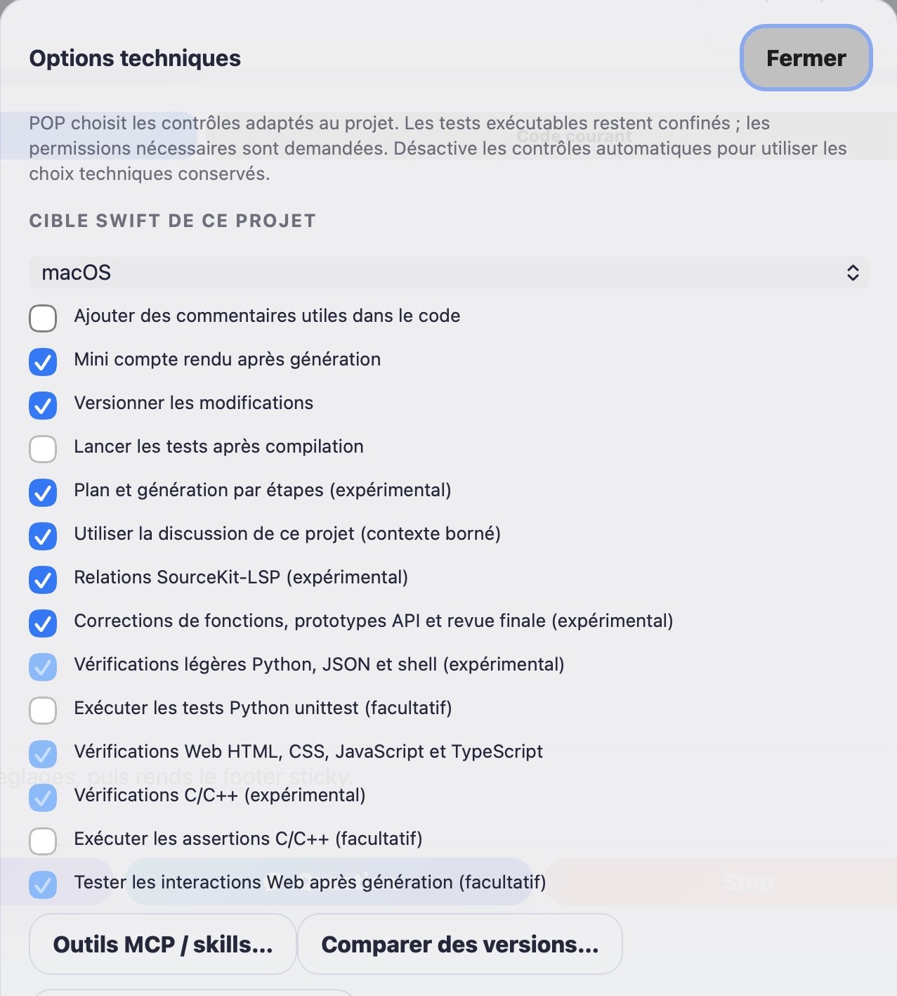 Options techniques de Code : cible Swift, génération, contexte et contrôles par langage. Capture réelle POP Switcher.