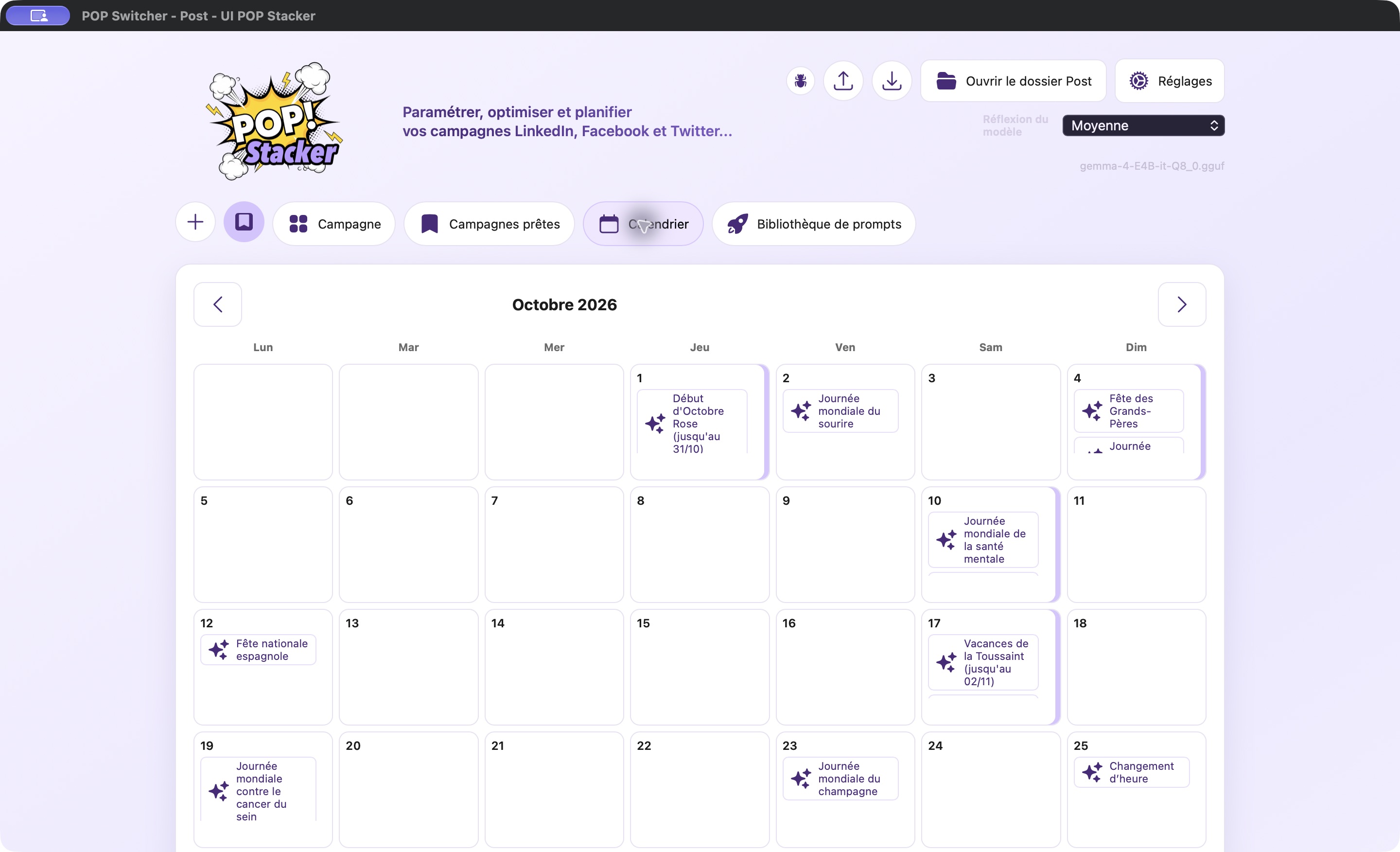 Calendrier marketing du rôle POST dans POP Switcher, capturé dans l’application ouverte